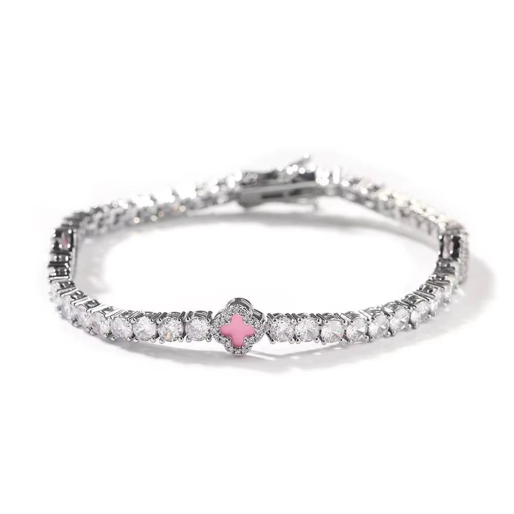 UWIN 5A CZ Iced Out Clover Tennis Chain Heart Tennis Heart Bangle Armband Wrist Bracelet Set 18K Gold Women Jewelry