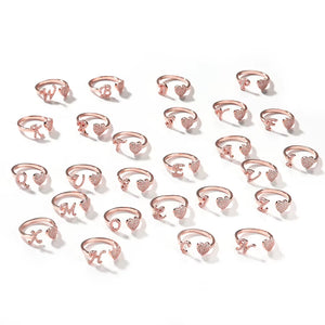Hot Trendy 18K Gold Plated Adjustable Initial A-Z Open Rings Zircon Cluster Heart Cut Heart Shape for Daily Party