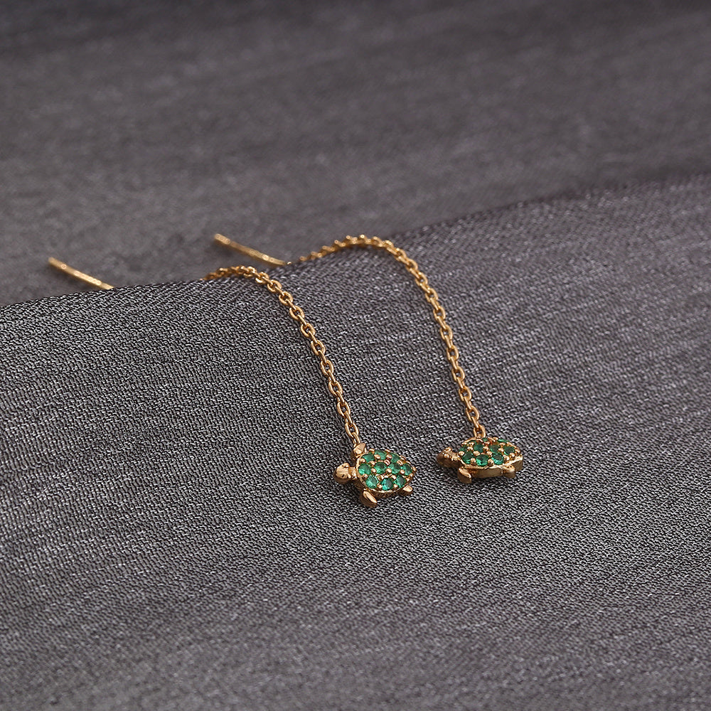 Thin Face Earlines, The New Trend Of Small Simple Tassel Earrings Long Copper Micro-green Zircon Small Turtle Earrings Pendant
