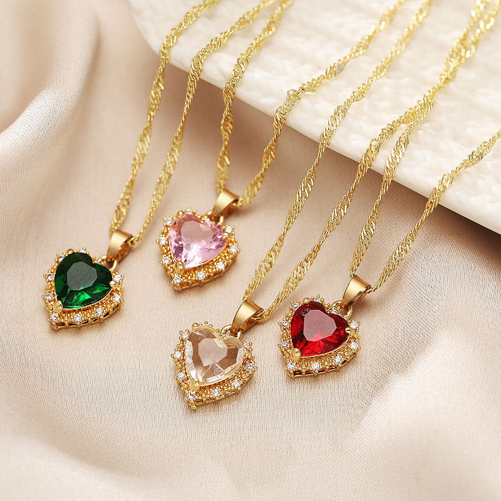 Colorful Rhinestones Heart-shaped Necklace Love Gold Chain Ins Personalized Jewelry For Women Valentine's Day