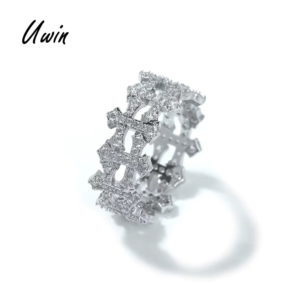 Korean Version Classic Bands Hollowed Checkered Open Cross Ring ZIRCON Women'S Jewelry Main Material Copper None