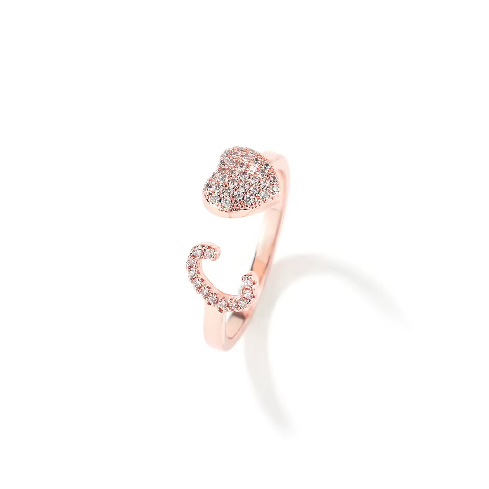 Hot Trendy 18K Gold Plated Adjustable Initial A-Z Open Rings Zircon Cluster Heart Cut Heart Shape for Daily Party