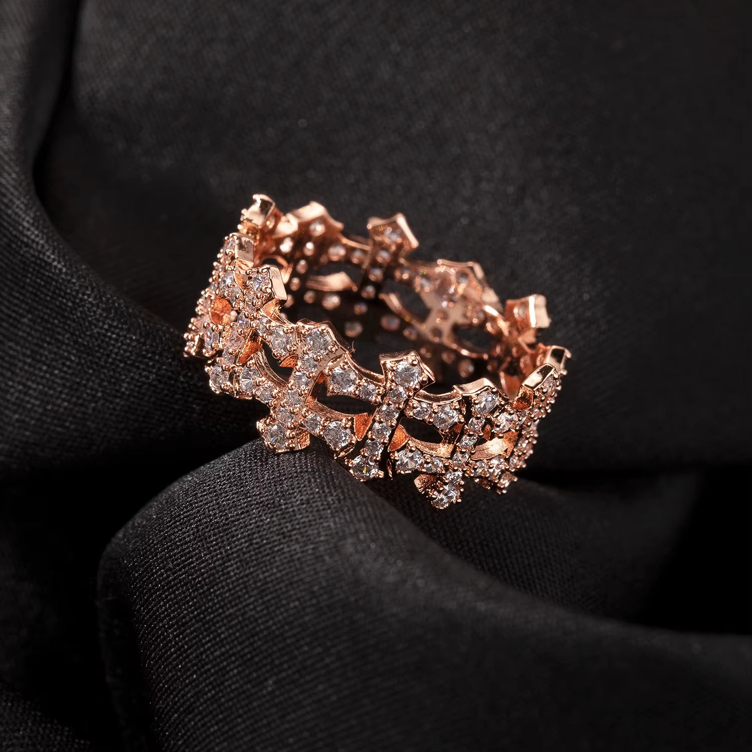Korean Version Classic Bands Hollowed Checkered Open Cross Ring ZIRCON Women'S Jewelry Main Material Copper None
