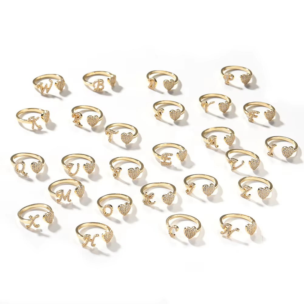 Hot Trendy 18K Gold Plated Adjustable Initial A-Z Open Rings Zircon Cluster Heart Cut Heart Shape for Daily Party