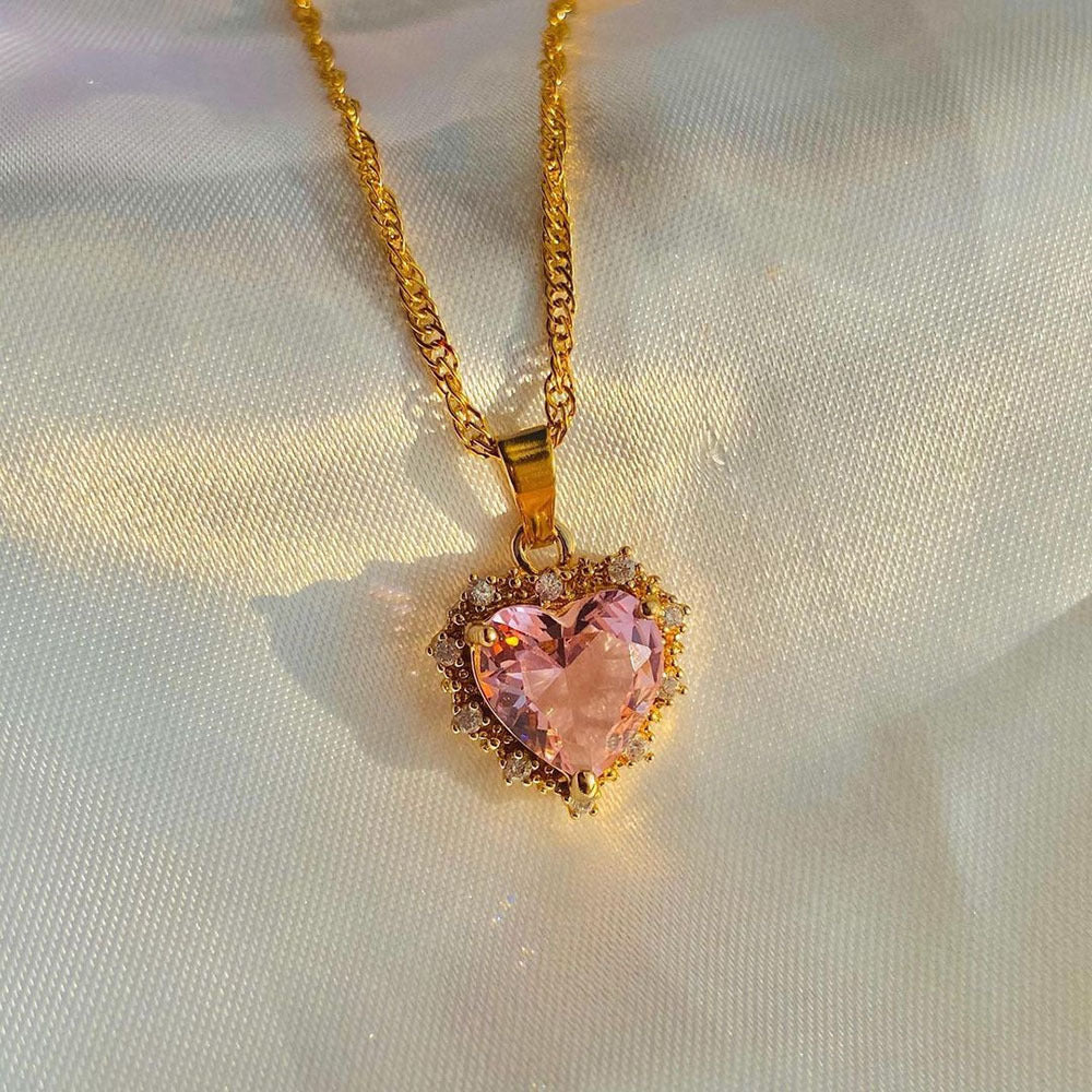 Colorful Rhinestones Heart-shaped Necklace Love Gold Chain Ins Personalized Jewelry For Women Valentine's Day