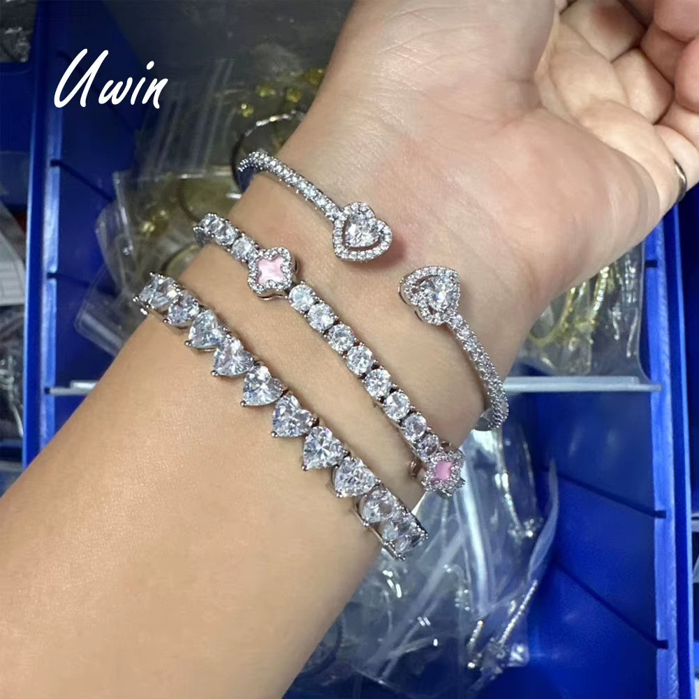 UWIN 5A CZ Iced Out Clover Tennis Chain Heart Tennis Heart Bangle Armband Wrist Bracelet Set 18K Gold Women Jewelry