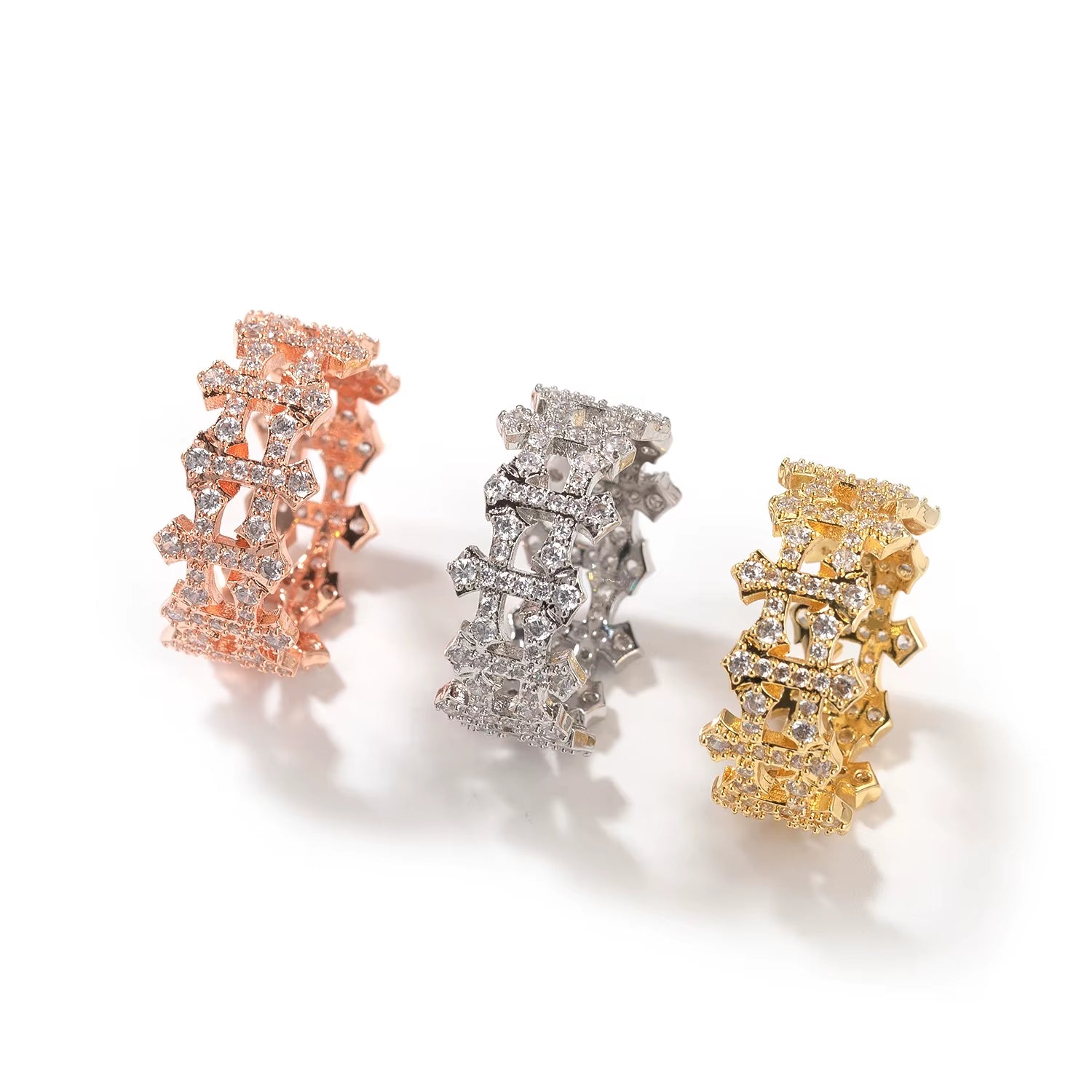 Korean Version Classic Bands Hollowed Checkered Open Cross Ring ZIRCON Women'S Jewelry Main Material Copper None