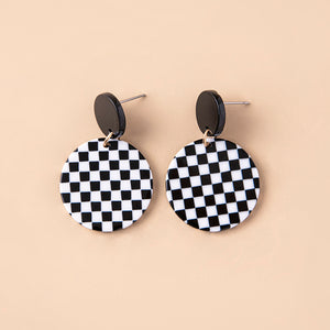 Black White Chequered Print Round Acrylic Pendant Drop Earrings For Women