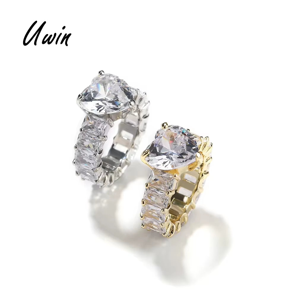 UWIN Baguette CZ Ring Big Heart Luxury Ring 5A Cubic Zircon Pink Heart Ring Women Wedding CZ Ring