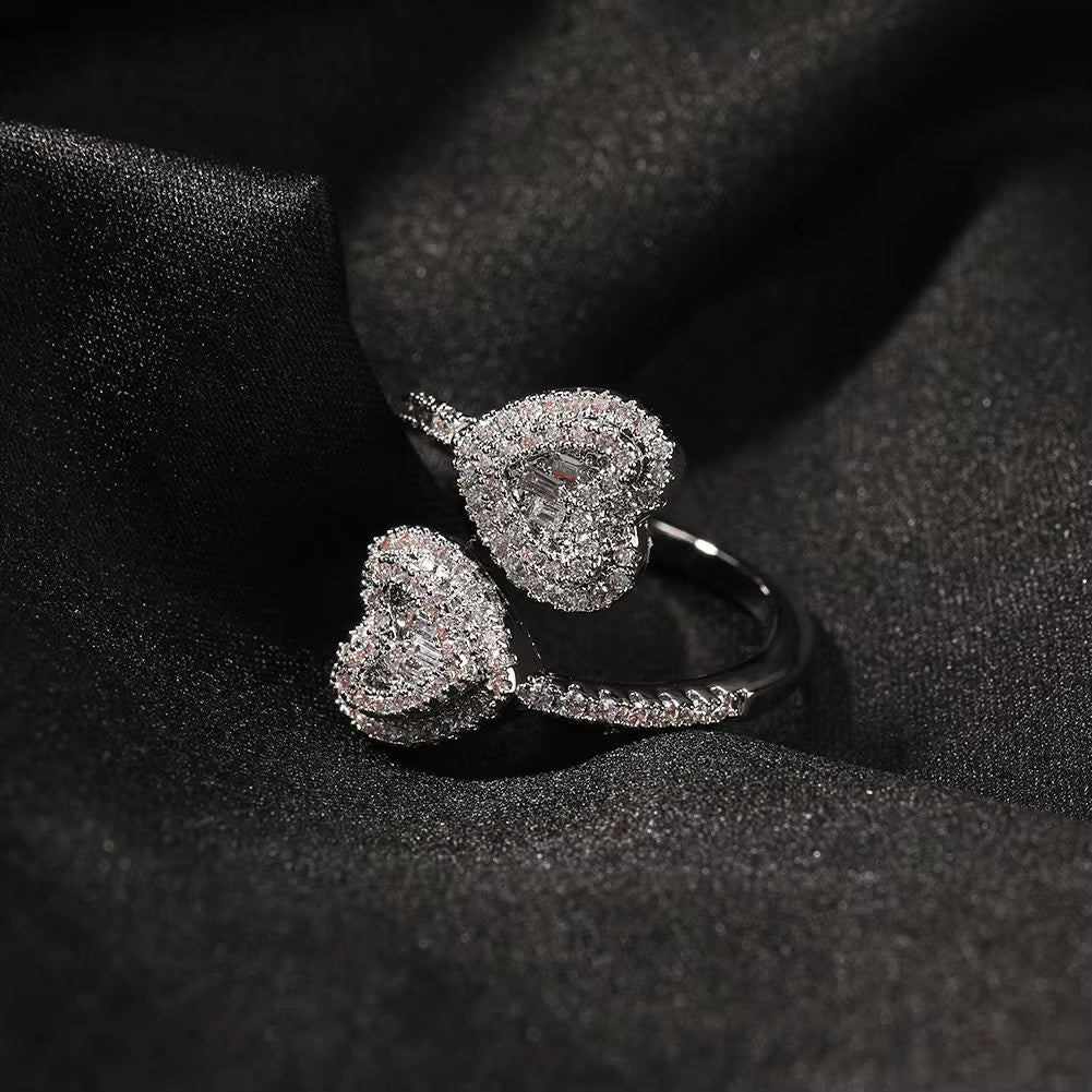 Baguette Twist Heart Ring Glistening Heart Square Shape Diamond Adjustable CZ Finger Rings Hot Sale Stunning Jewelry for Women