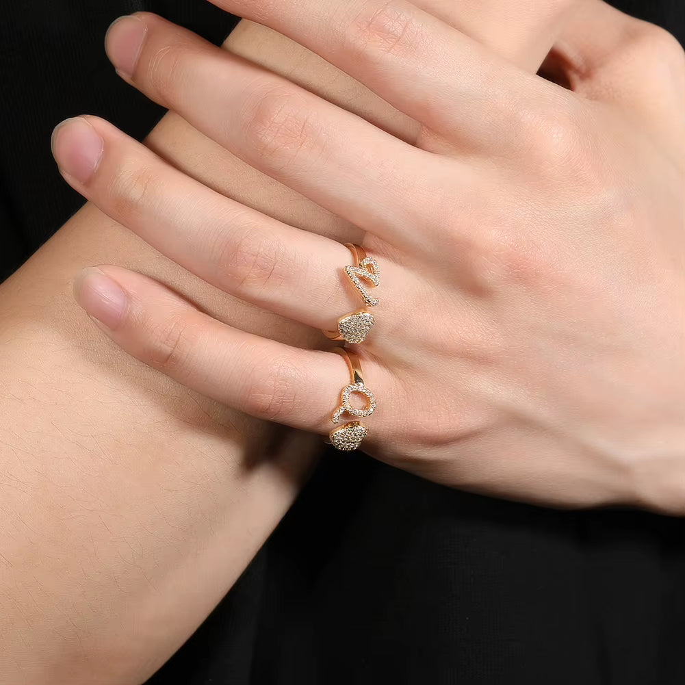 Hot Trendy 18K Gold Plated Adjustable Initial A-Z Open Rings Zircon Cluster Heart Cut Heart Shape for Daily Party