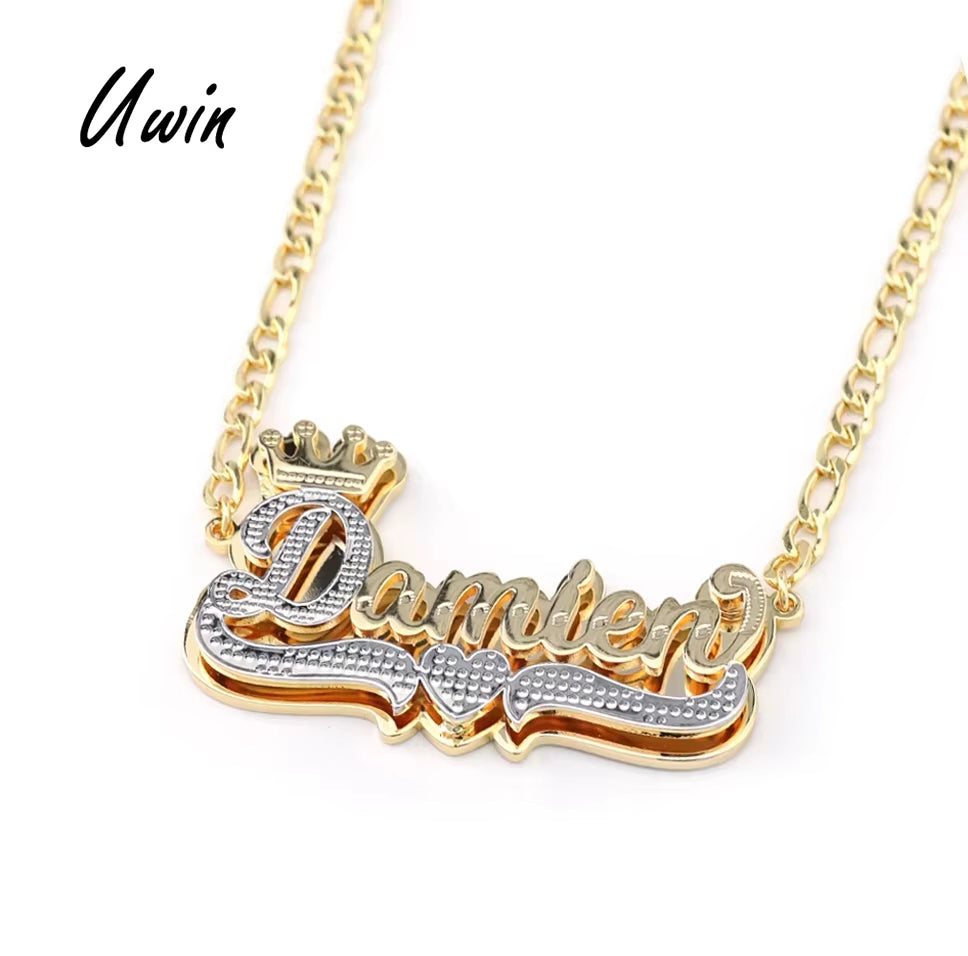 UWIN Stainless Steel Crown Name Plate Necklace 3D Double Layer Name Plate Pendant Halskette Custom Keting Chain Necklace