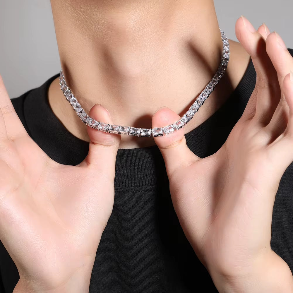 UWIN Newtrend Princess Cut Bling CZ Necklace Rectangle Zircon Tennis Chain Women Men Necklace Jewelry