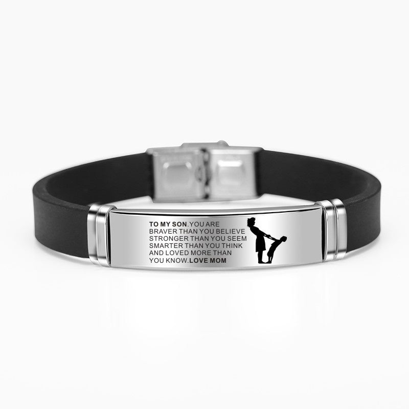 Engraved Mom Dad To Daughter Son Painting Stainless Steel Silicone Bracelet