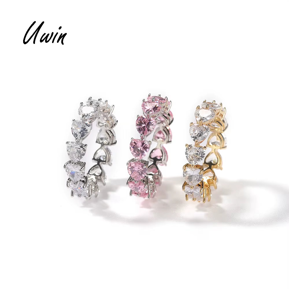 UWIN Hip Hop Pink CZ Heart Shaped Cubic Zirconia Ring Gold Plated Women Finger Rings Wholesale Jewelries