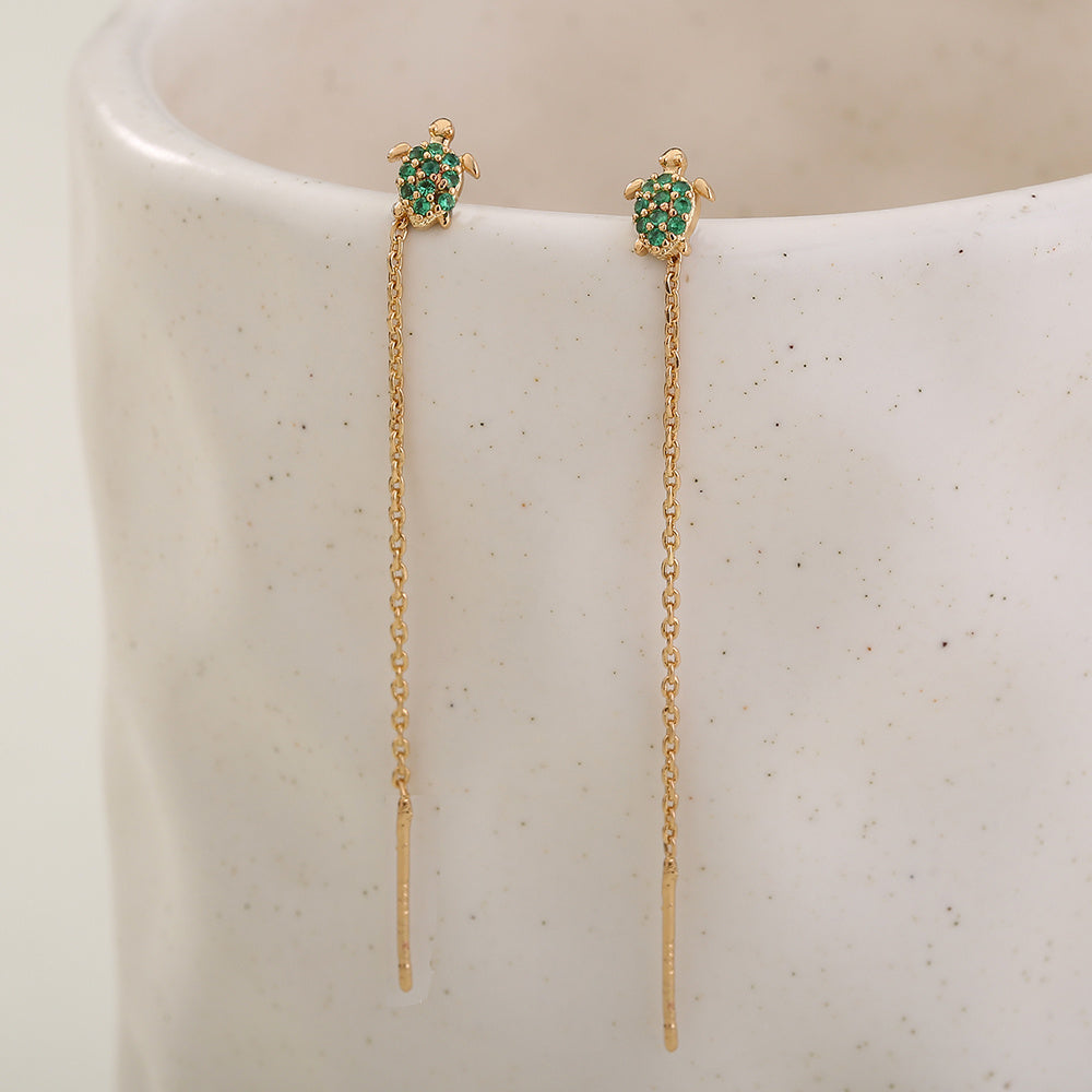 Thin Face Earlines, The New Trend Of Small Simple Tassel Earrings Long Copper Micro-green Zircon Small Turtle Earrings Pendant