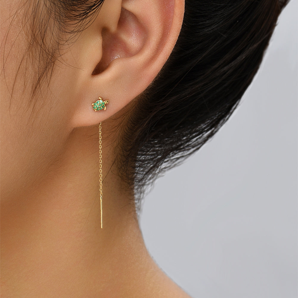 Thin Face Earlines, The New Trend Of Small Simple Tassel Earrings Long Copper Micro-green Zircon Small Turtle Earrings Pendant