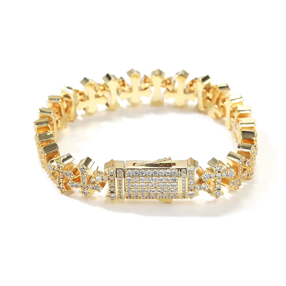 Unisex Luxury 18K Gold Plated Mini Cross Bracelet 5A Zircon Cluster Chain Link Charm for Men Women Fashionable Accessory