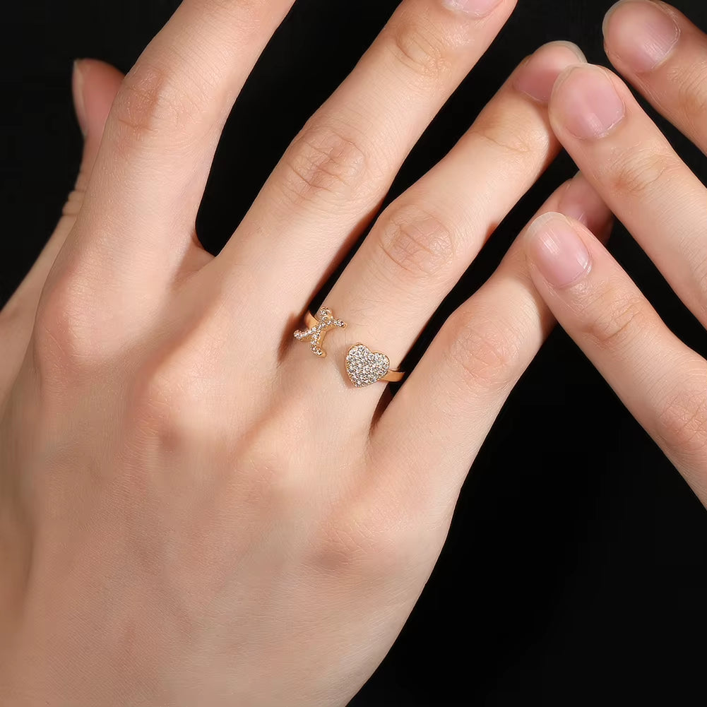 Hot Trendy 18K Gold Plated Adjustable Initial A-Z Open Rings Zircon Cluster Heart Cut Heart Shape for Daily Party
