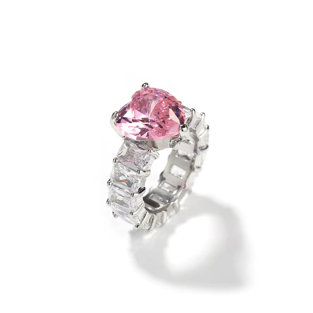 UWIN Baguette CZ Ring Big Heart Luxury Ring 5A Cubic Zircon Pink Heart Ring Women Wedding CZ Ring