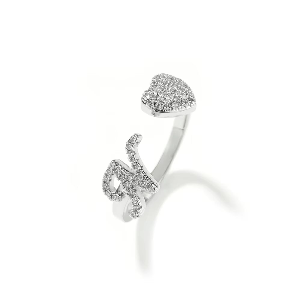 Hot Trendy 18K Gold Plated Adjustable Initial A-Z Open Rings Zircon Cluster Heart Cut Heart Shape for Daily Party