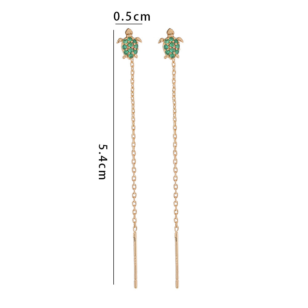 Thin Face Earlines, The New Trend Of Small Simple Tassel Earrings Long Copper Micro-green Zircon Small Turtle Earrings Pendant