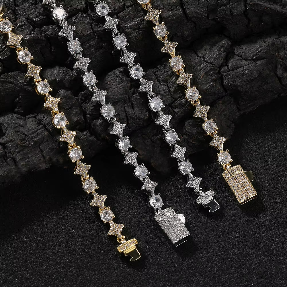 Luxury Thin Twinkle Little Star Gold Diamond Bling Tennis Chain Lady Elegant Bracelet Necklace Set Fashion Women Men Jewelry