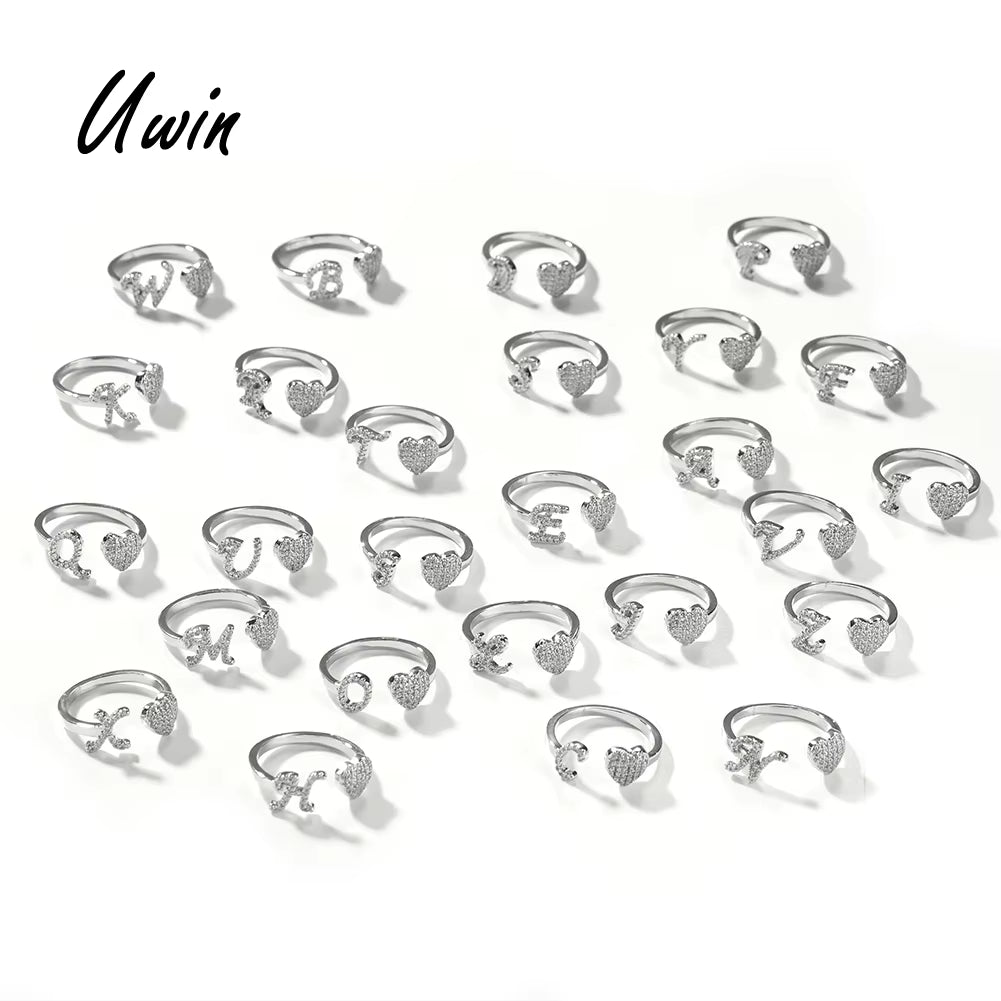 Hot Trendy 18K Gold Plated Adjustable Initial A-Z Open Rings Zircon Cluster Heart Cut Heart Shape for Daily Party