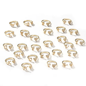 Hot Trendy 18K Gold Plated Adjustable Initial A-Z Open Rings Zircon Cluster Heart Cut Heart Shape for Daily Party
