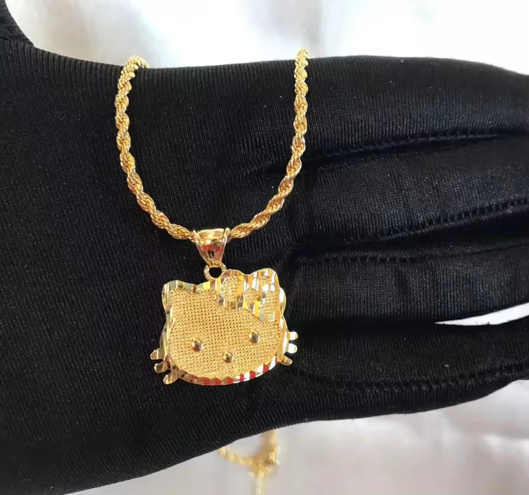 Customized Stainless Steel 18K Gold Plated Cute Cat Cartoon Character Pendant Necklace Trendy Link Chain Women'S Gift