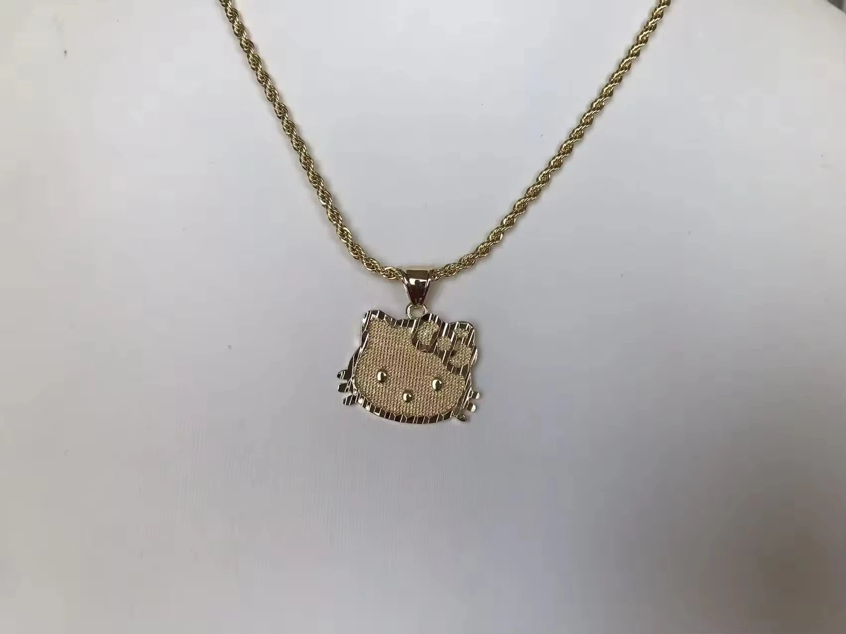 Customized Stainless Steel 18K Gold Plated Cute Cat Cartoon Character Pendant Necklace Trendy Link Chain Women'S Gift
