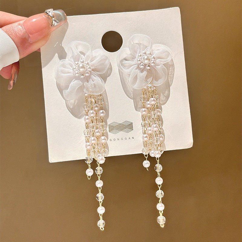 Long Fringed Pearl Flower Stud Earrings