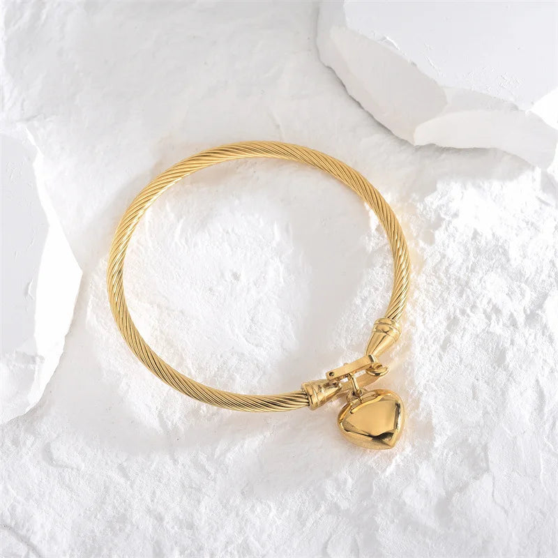 18k Gold Color Stainless Steel Heart Charm Bangle Bracelets For Men Women