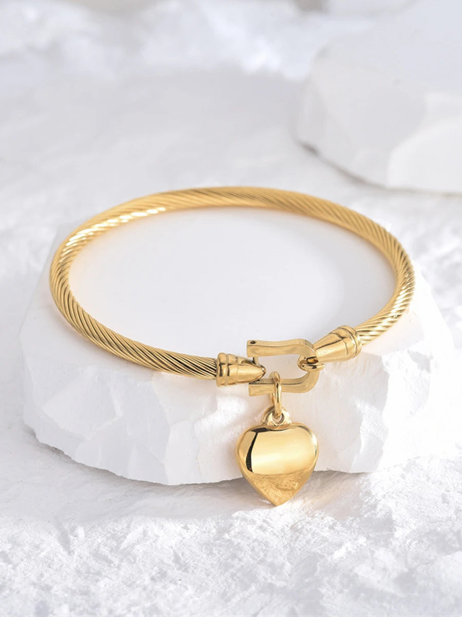 18k Gold Color Stainless Steel Heart Charm Bangle Bracelets For Men Women