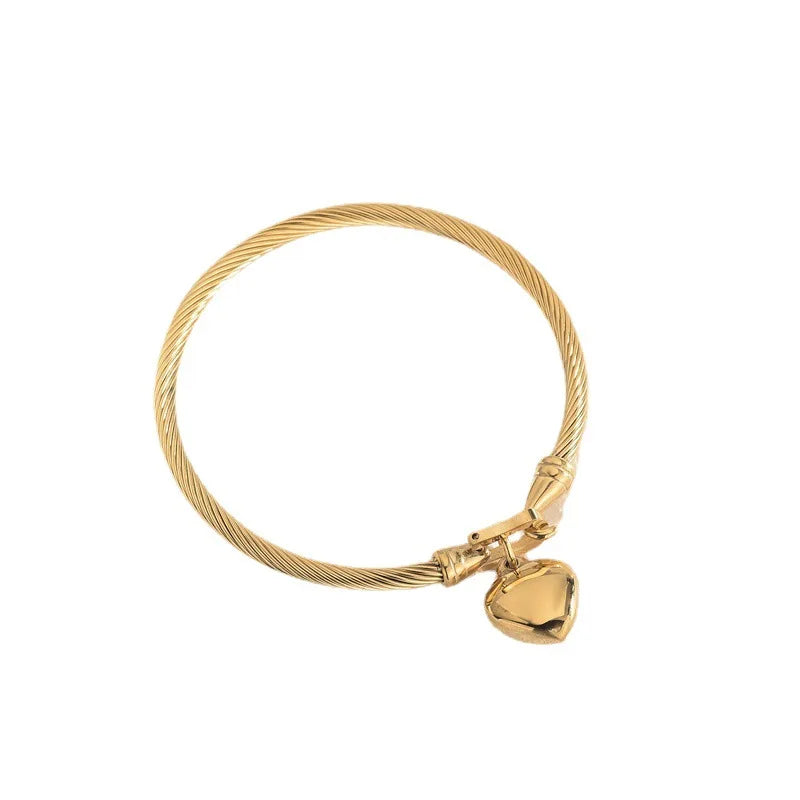 18k Gold Color Stainless Steel Heart Charm Bangle Bracelets For Men Women