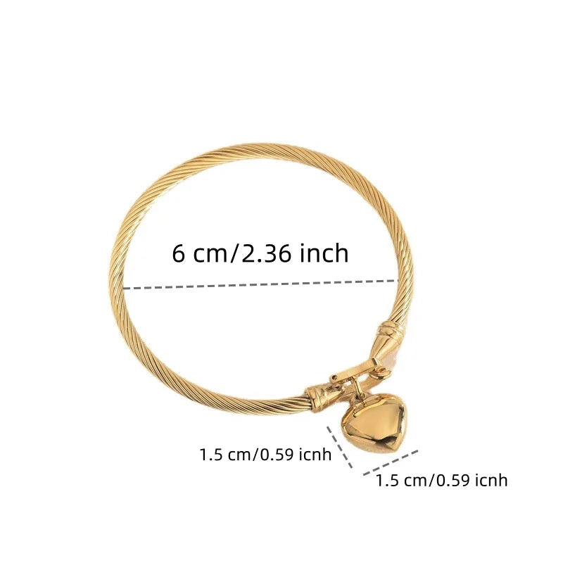 18k Gold Color Stainless Steel Heart Charm Bangle Bracelets For Men Women