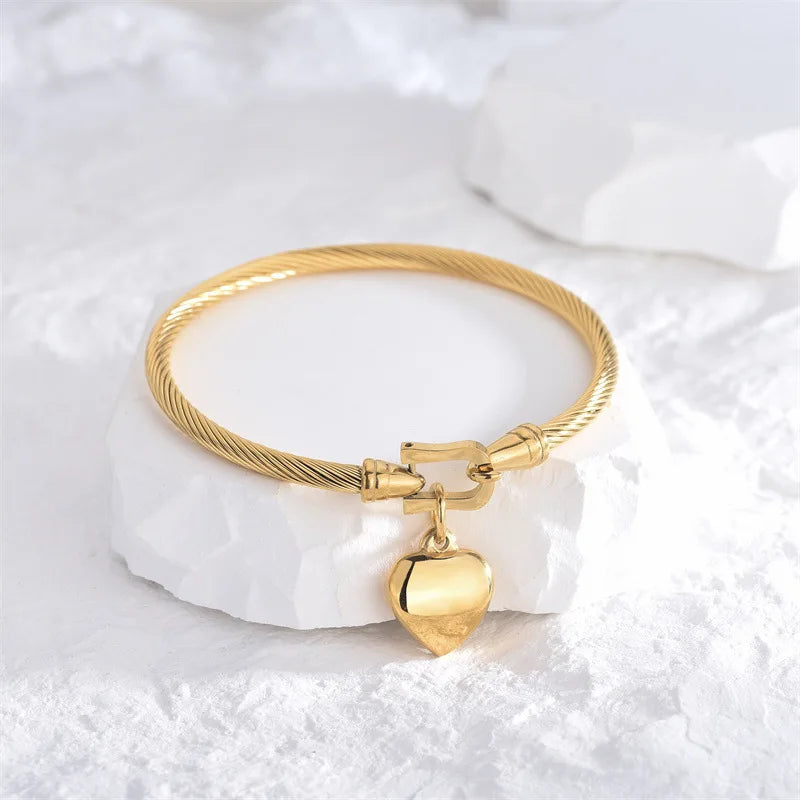 18k Gold Color Stainless Steel Heart Charm Bangle Bracelets For Men Women