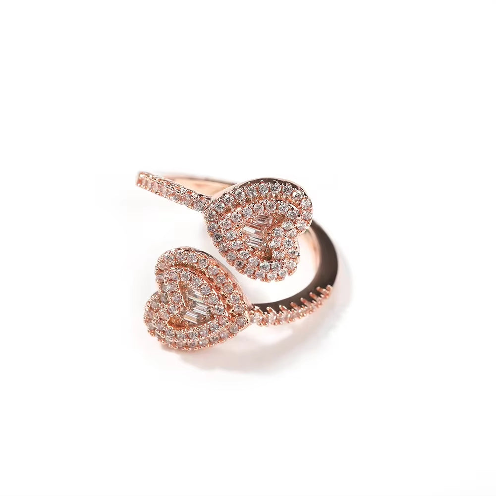 Baguette Twist Heart Ring Glistening Heart Square Shape Diamond Adjustable CZ Finger Rings Hot Sale Stunning Jewelry for Women