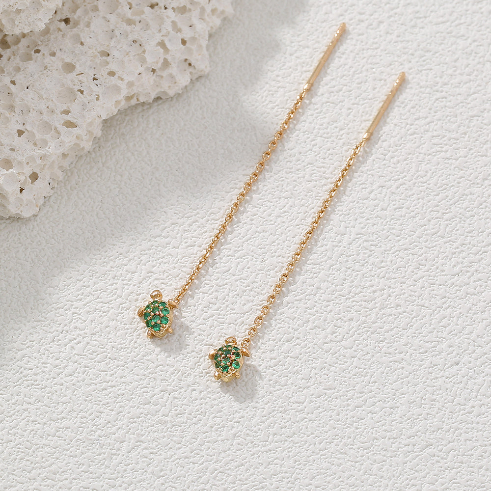 Thin Face Earlines, The New Trend Of Small Simple Tassel Earrings Long Copper Micro-green Zircon Small Turtle Earrings Pendant