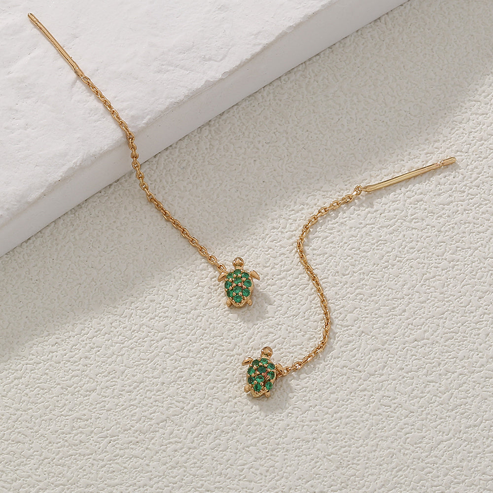 Thin Face Earlines, The New Trend Of Small Simple Tassel Earrings Long Copper Micro-green Zircon Small Turtle Earrings Pendant