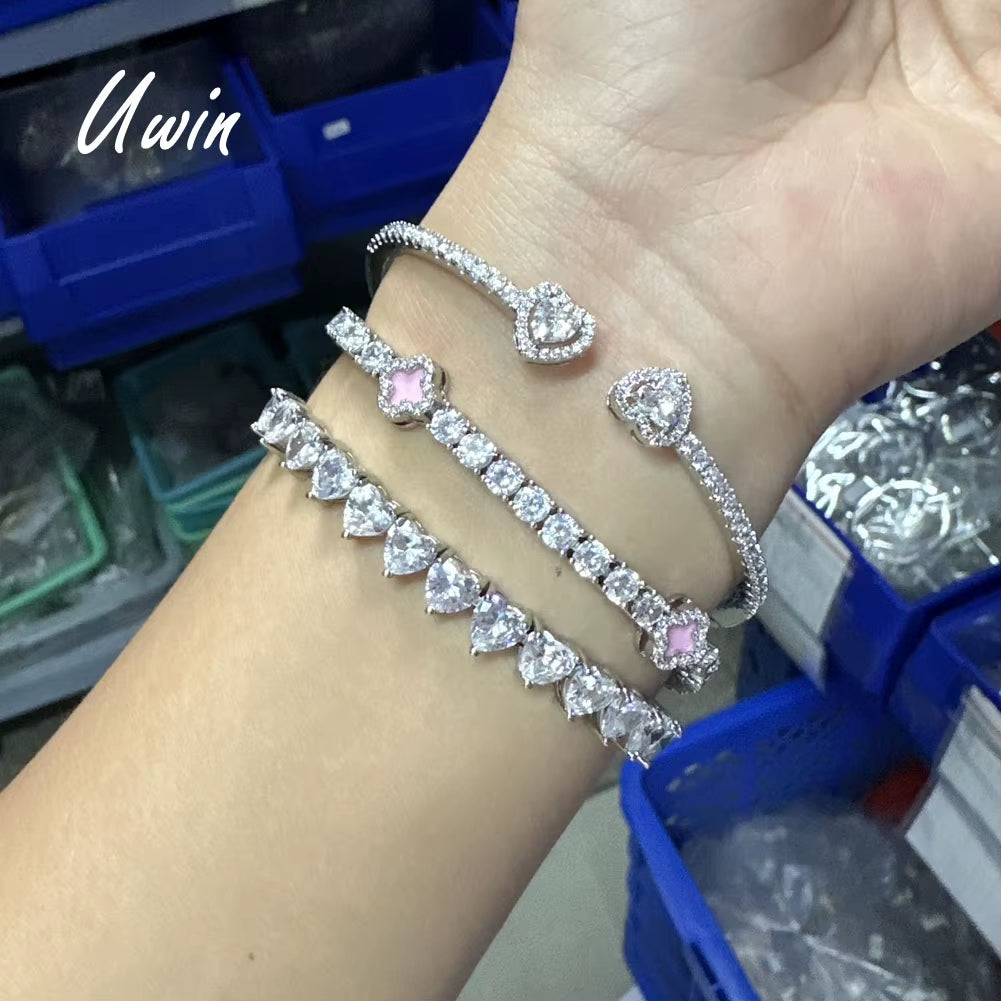 UWIN 5A CZ Iced Out Clover Tennis Chain Heart Tennis Heart Bangle Armband Wrist Bracelet Set 18K Gold Women Jewelry