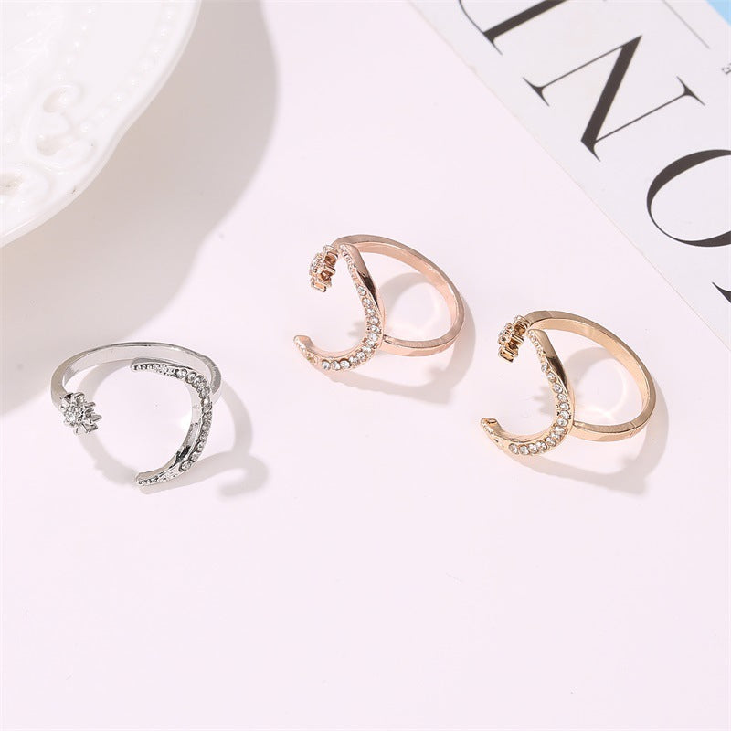 Moon And Star Opening Rings Fashion Rhinestones Personalized Jewelry For Women