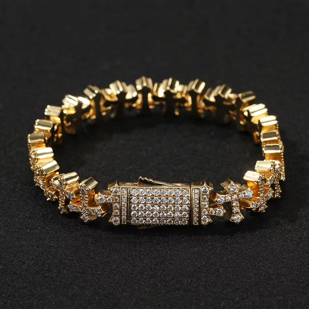 Unisex Luxury 18K Gold Plated Mini Cross Bracelet 5A Zircon Cluster Chain Link Charm for Men Women Fashionable Accessory