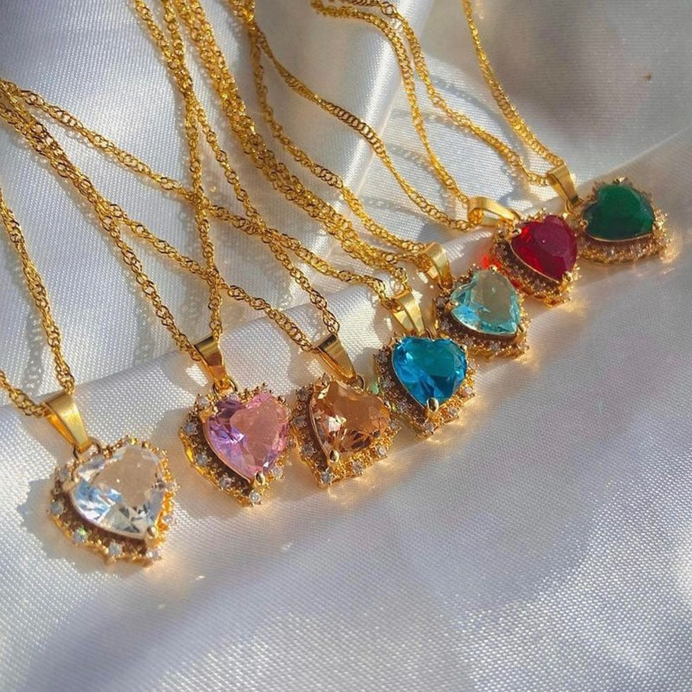 Colorful Rhinestones Heart-shaped Necklace Love Gold Chain Ins Personalized Jewelry For Women Valentine's Day