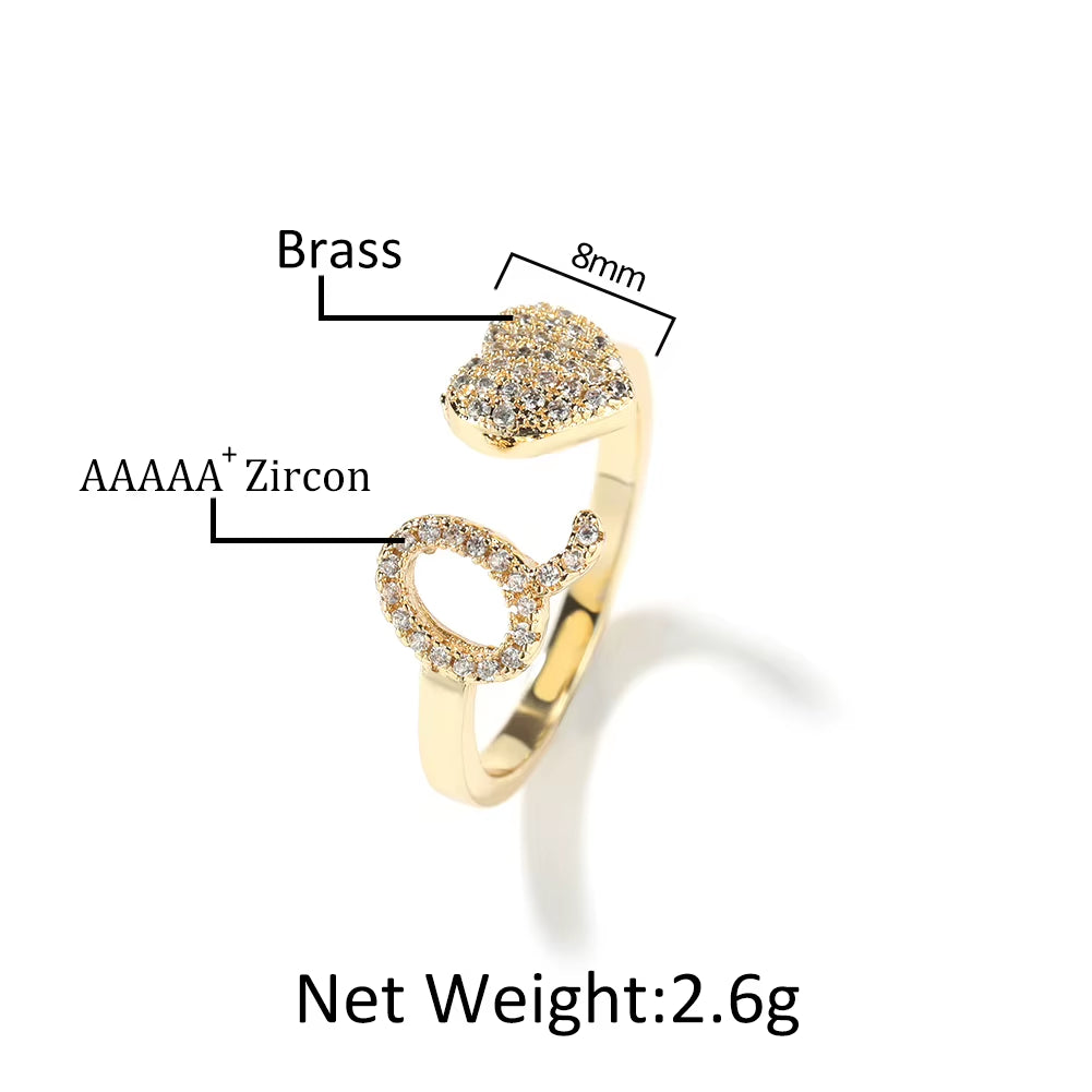 Hot Trendy 18K Gold Plated Adjustable Initial A-Z Open Rings Zircon Cluster Heart Cut Heart Shape for Daily Party