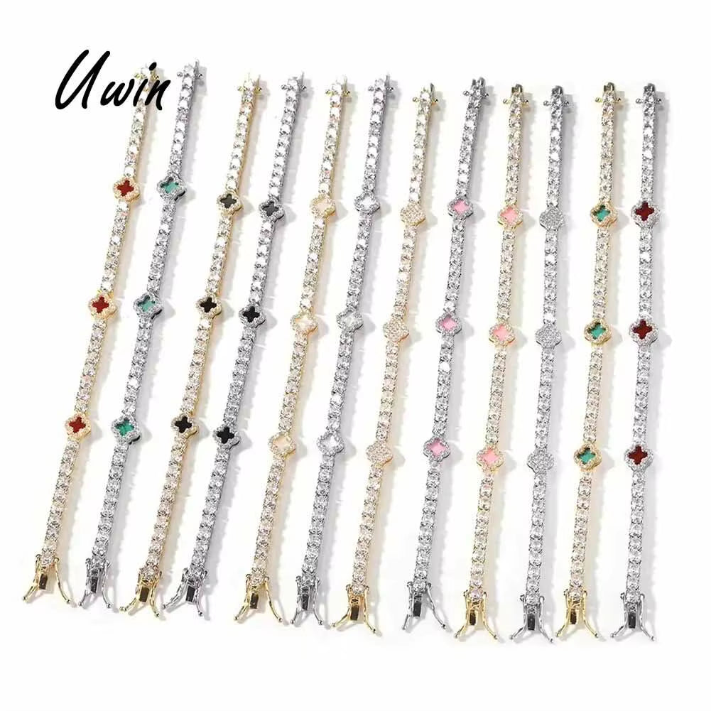 UWIN 5A CZ Iced Out Clover Tennis Chain Heart Tennis Heart Bangle Armband Wrist Bracelet Set 18K Gold Women Jewelry
