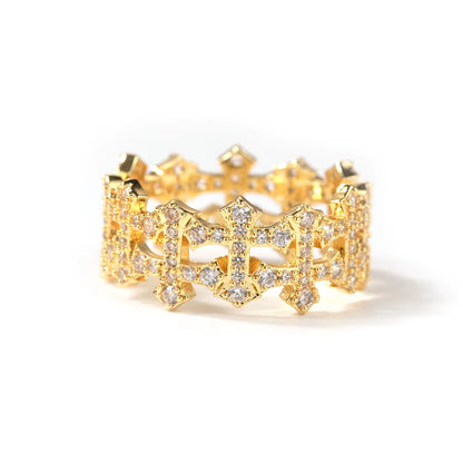 By itself: THE ENIGMA checkered open cross statement ring shown in gold